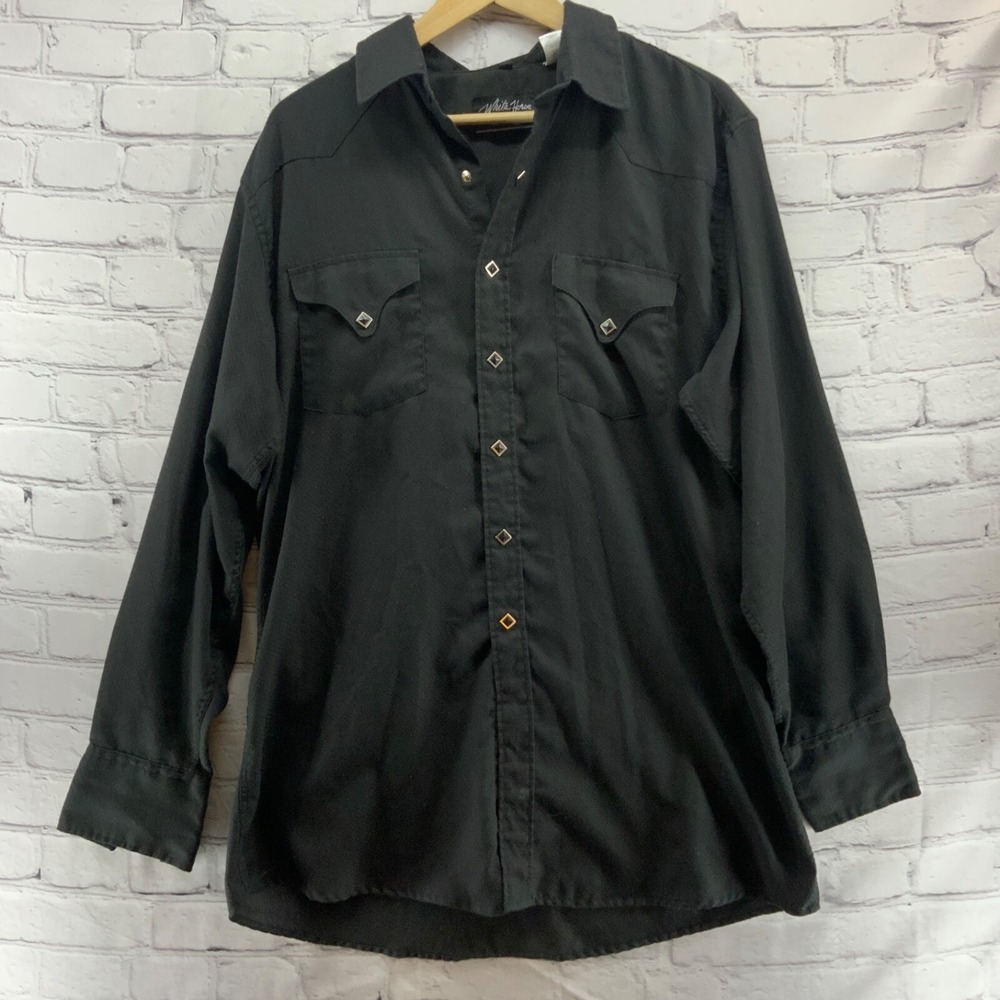 Vintage White Horse Western Shirt Mens Sz L Black Snap-Up Flap Pockets‎ Flaw